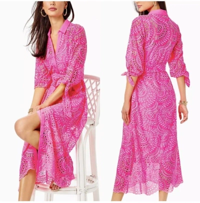 Pre-owned Lilly Pulitzer $348  Amrita Midi Dress Pink Isle Swirly Scalloped Eyelet 2 4