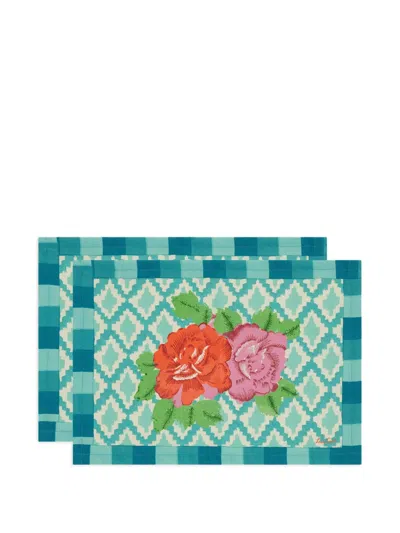 Lisa Corti Floral-print Geometric-pattern Placemats In Blue