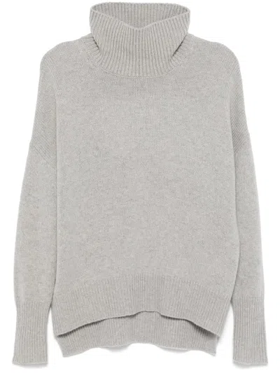 Lisa Yang Ribbed Trim Cashmere High-neck Top With Drop Shoulders, Long Sleeves & High-low Hem In Grigio