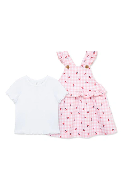 Little Me Babies' Lettuce Edge T-shirt & Cherry Gingham Knit Pinefore Set In Pink