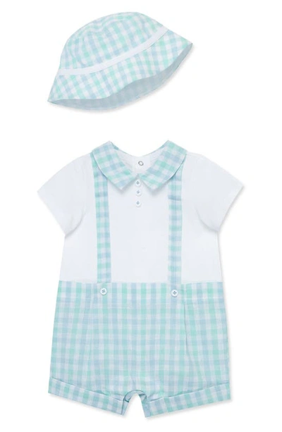 Little Me Babies' Plaid Cotton & Linen Romper & Hat Set In Blue Plaid