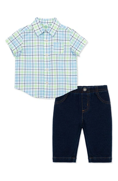 Little Me Babies' Plaid Short Sleeve Button-up Shirt & Jeans Set In Blue