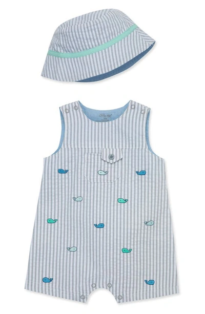 Little Me Babies'  Whales Cotton Seersucker Romper & Hat Set In Grey