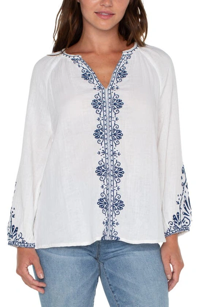 Liverpool Los Angeles Embroidered Double Gauze Top In Off Wht Bl Embr