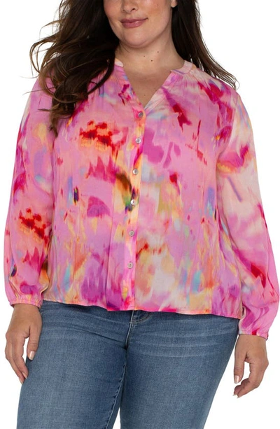 Liverpool Los Angeles Watercolor Shirred Long Sleeve Chiffon Button-up Top In Fuchsia Watercolor