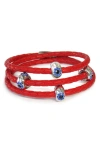 Liza Schwartz Cz Evil Eye Braided Leather Wrap Bracelet In Silver/ Red