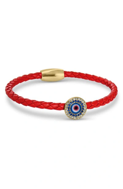 Liza Schwartz Cz Evil Eye Coin Braided Leather Bracelet In Gold/ Red