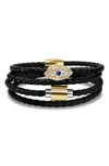 Liza Schwartz Evil Eye Sapphire Stack Braided Leather Bracelet In Gold/ Black