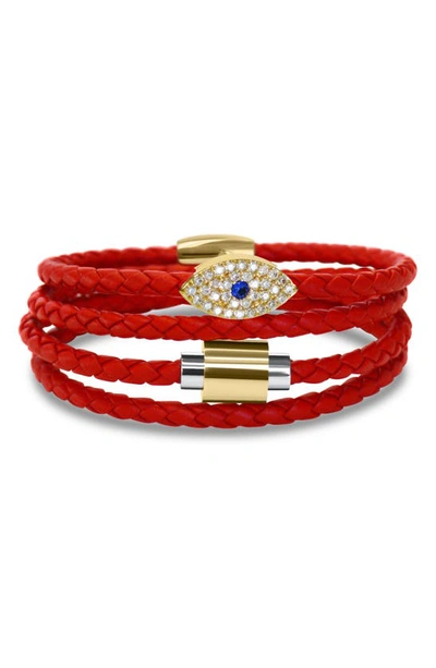 Liza Schwartz Evil Eye Sapphire Stack Braided Leather Bracelet In Gold/ Red