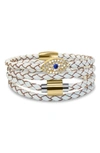 Liza Schwartz Evil Eye Sapphire Stack Braided Leather Bracelet In Gold/ White