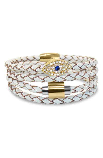 Liza Schwartz Evil Eye Sapphire Stack Braided Leather Bracelet In Gold/ White