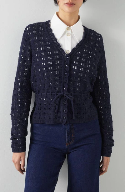 Lk Bennett Amie Tie Waist Crochet Cardigan In Blu-navy