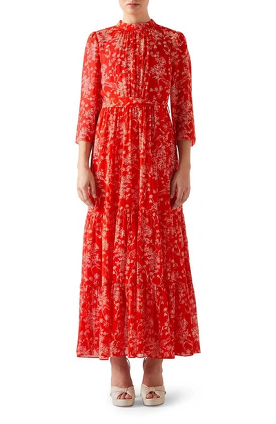 Lk Bennett Olivia Floral Tiered Silk Maxi Dress In Mul-red