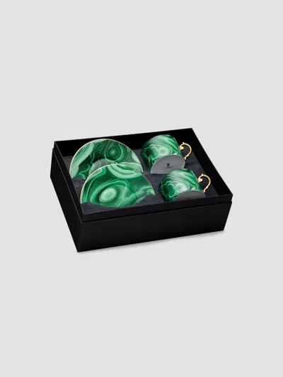 L'objet Malachite 24k Gold-trim Teacup & Saucer 4-piece Set