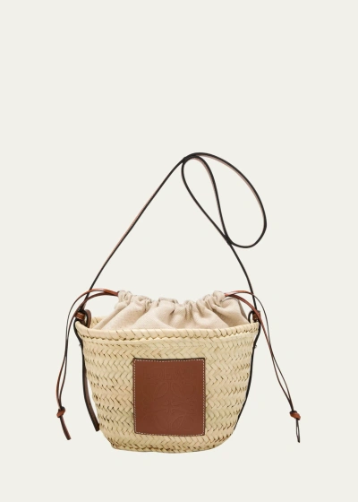 Loewe X Paula's Ibiza Basket Bucket Bag In Palm Leaf With Drawstring Pouch And Leather Strap In Neutrals
