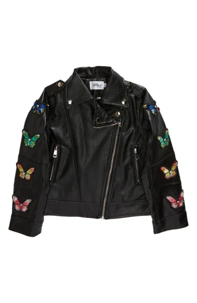 Lola & The Boys Kids' Butterfly Faux Leather Moto Jacket In Black