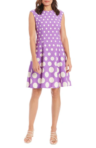 London Times Cap Sleeve Dotted Fit & Flare Dress In Lilac/ivory In Lilac Ivory