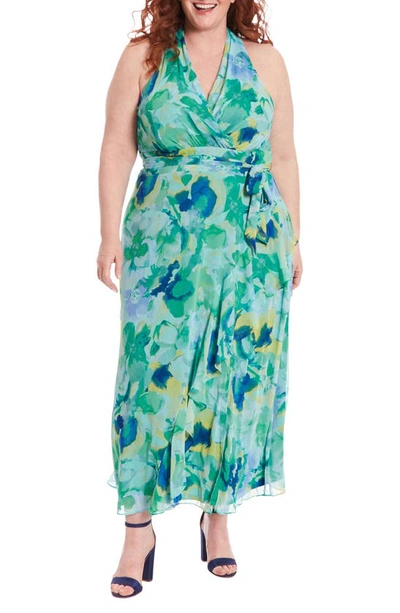 London Times Floral Sleeveless Chiffon Maxi Dress In Peri Green