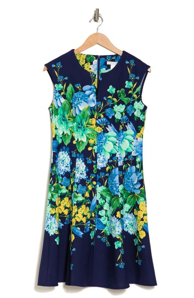 London Times Plus Size Split-neck Floral-print Fit & Flare Dress In Navy/ Blue