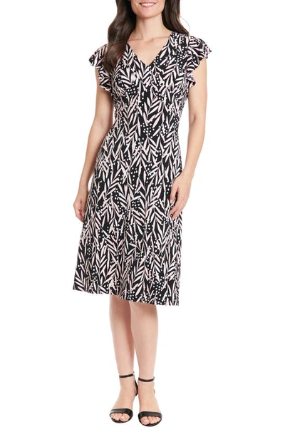 London Times Flutter Sleeve Jersey A-line Dress In Black/ Blush