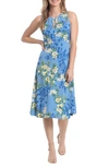 London Times Garden Medley Floral Keyhole Sleeveless Midi Dress In Blue