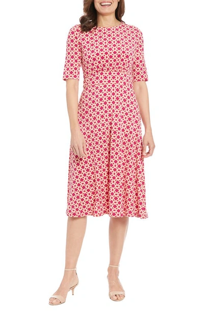 London Times Geo Print Elbow Sleeve Fit & Flare Dress In Berry/ Ivory