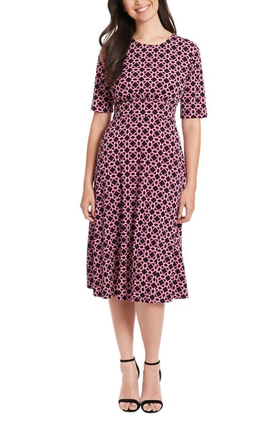 London Times Geo Print Elbow Sleeve Fit & Flare Dress In Black/ Pink