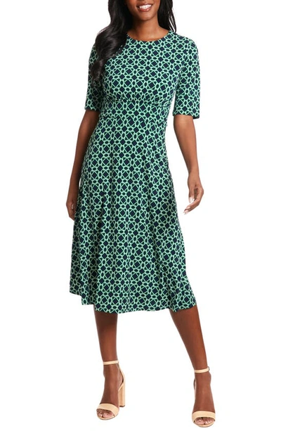 London Times Geo Print Elbow Sleeve Fit & Flare Dress In Green/ Navy