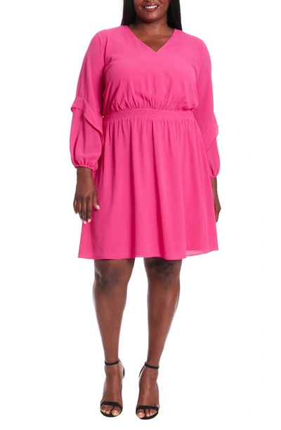 London Times Smocked Long Sleeve Dress In Bright Pnk