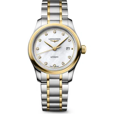 Longines Conquest Automatic Diamond Mother Of Pearl Bracelet Watch, 30mm In White Mother Of Pearl