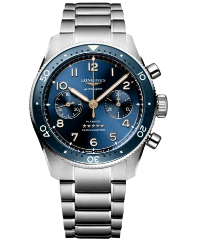 Longines Men's Swiss Automatic Chronograph Spirit Flyback Stainless Steel Bracelet Watch 42mm In Silver And Blue Ceramic Bezel
