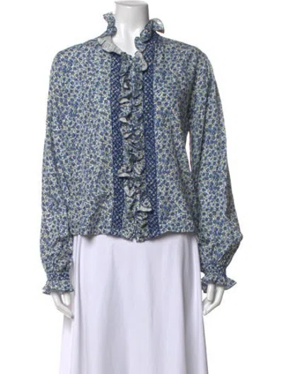Pre-owned Loretta Caponi Floral Print Long Sleeve Blouse In Blue