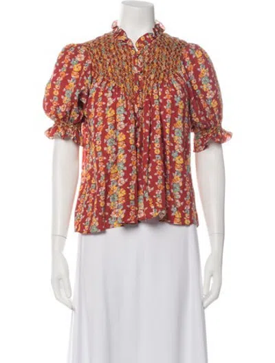 Pre-owned Loretta Caponi Floral Print Tie Neck Blouse In Red