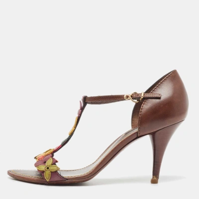 Pre-owned Louis Vuitton Brown Leather Flower Applique T-bar Ankle Strap Sandals Size 37.5