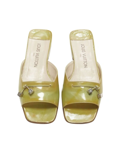 Pre-owned Louis Vuitton Green Yellow Polished Leather Lv Dice Square Toe Slipper