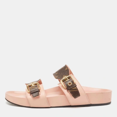 Pre-owned Louis Vuitton Pink/brown Monogram Canvas And Leather Bom Dia Flat Slides Size 38