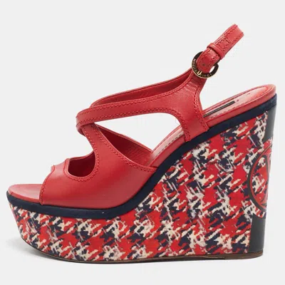 Pre-owned Louis Vuitton Red Leather And Fabric Wedge Criss Cross Platform Sandals Size 38