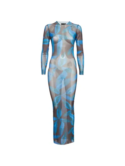 Pre-owned Louisa Ballou Leaf-print Mesh Maxi Dress In Blue