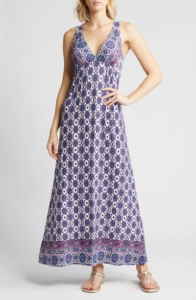 Loveappella Border Print Sleeveless Jersey Maxi Dress In Violet