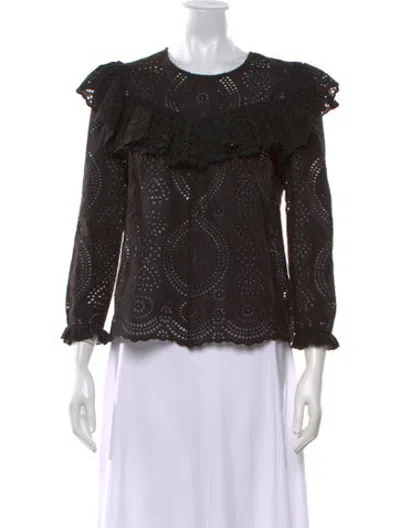 Pre-owned Loveshackfancy Floral Print Crew Neck Blouse In Black