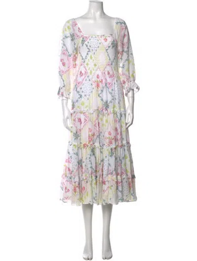 Pre-owned Loveshackfancy Floral Print Midi Length Dress In White