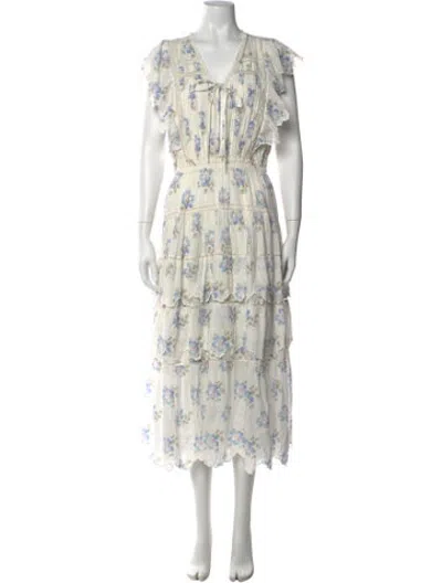 Pre-owned Loveshackfancy Floral Print Midi Length Dress In White