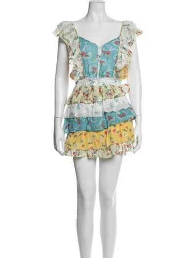 Pre-owned Loveshackfancy Floral Print Mini Dress In Blue