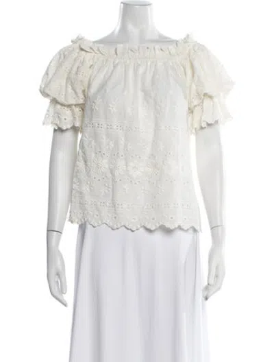 Pre-owned Loveshackfancy Floral Print Off-the-shoulder Blouse In White
