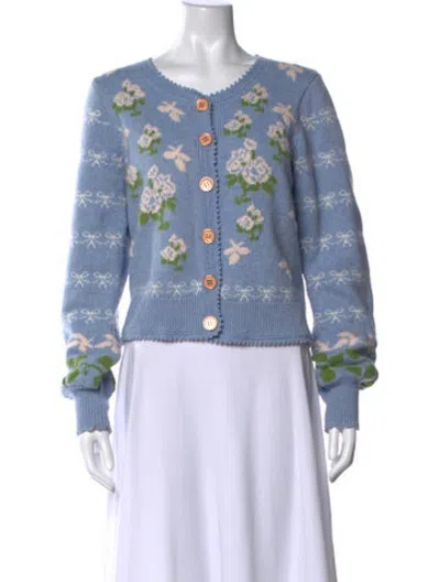Pre-owned Loveshackfancy Floral Print Open Front Sweater In Blue