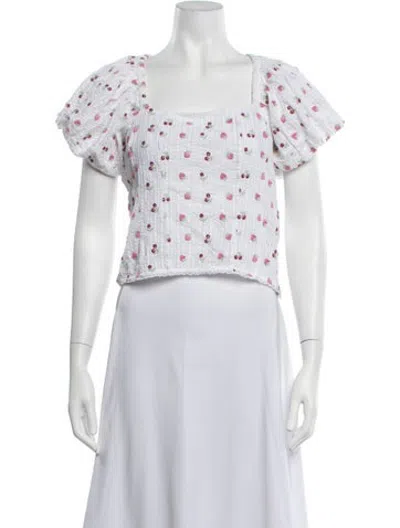 Pre-owned Loveshackfancy Floral Print Square Neckline Blouse In White