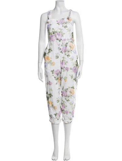 Pre-owned Loveshackfancy Floral Print Square Neckline Jumpsuit In White