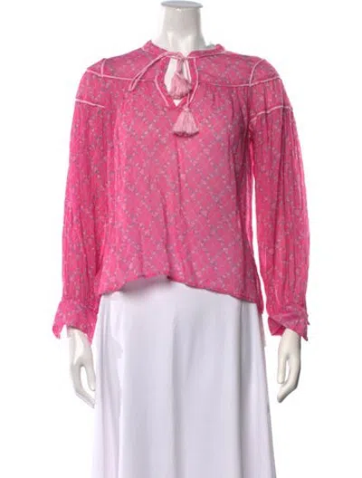 Pre-owned Loveshackfancy Floral Print Tie Neck Blouse In Pink