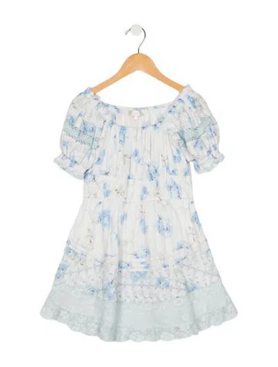 Pre-owned Loveshackfancy Kids Girls Floral Print Short Sleeve Dress In Blue