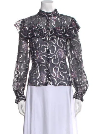 Pre-owned Loveshackfancy Silk Floral Print Blouse In Blue/metallic